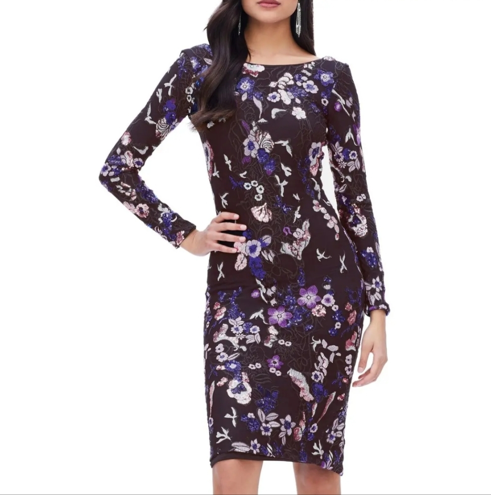 NWT DRESS THE POPULATION Emery Sequin Embroidered Dress in Lavender Multi XXS